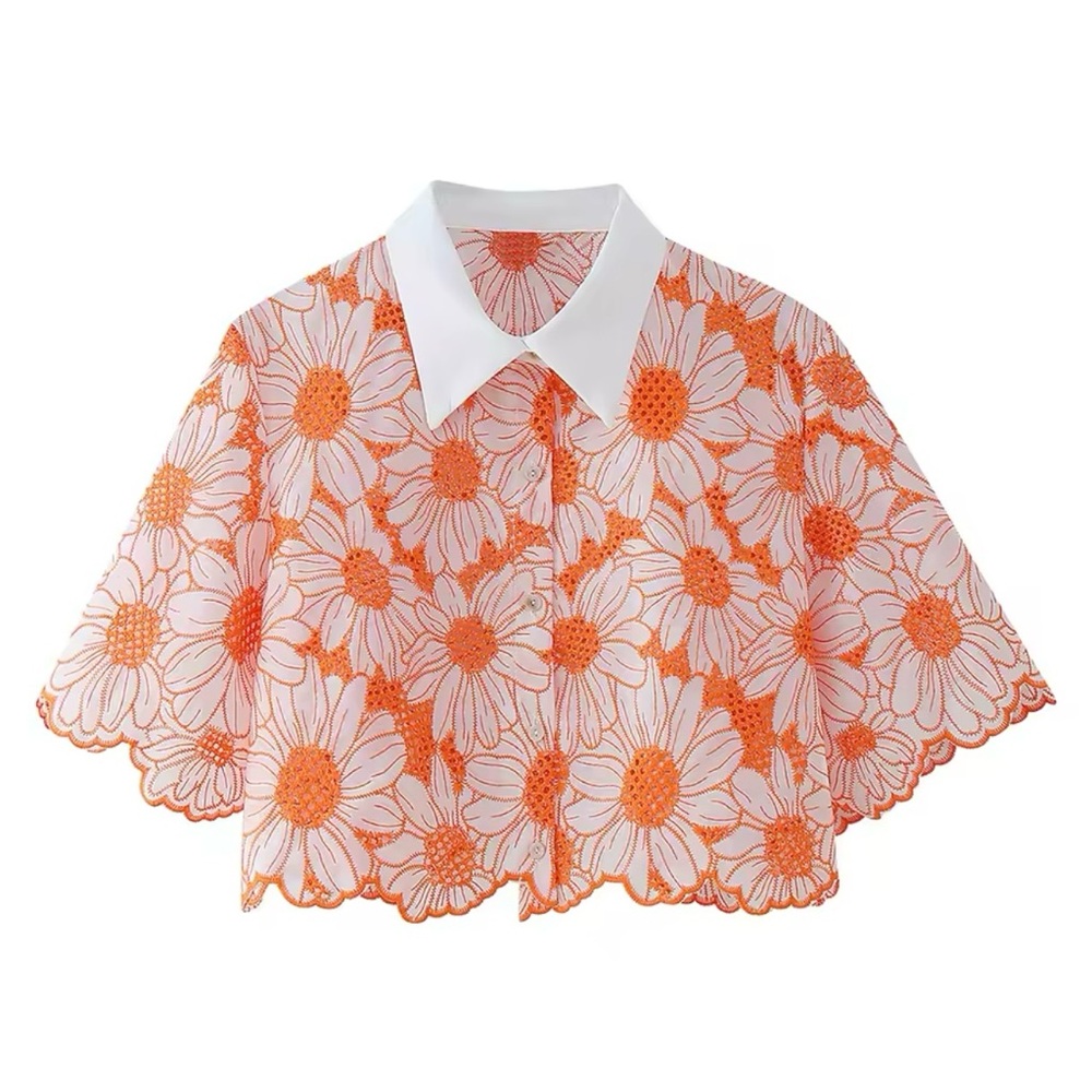 Orange Sunflower Button Up Crop Top